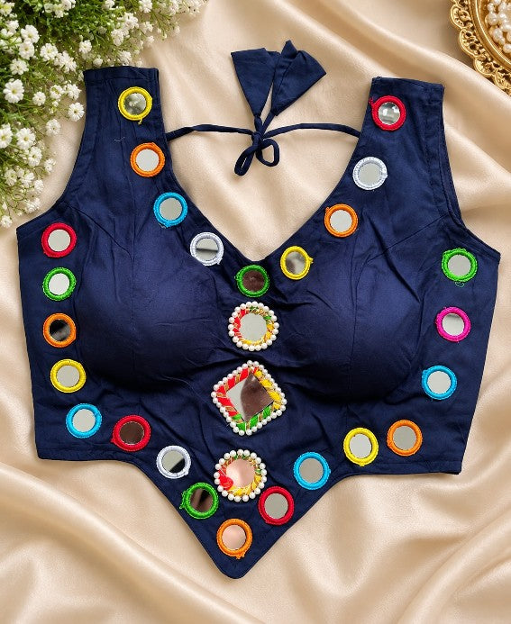 Multicolor mirror work designer blouse in rayon cotton with colourful thread embroidery and pearl mirror detailing