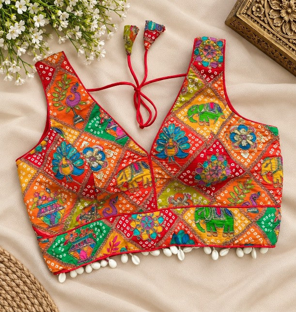 Back view of multicolor printed crepe silk blouse with open back, dori and decorative latkan