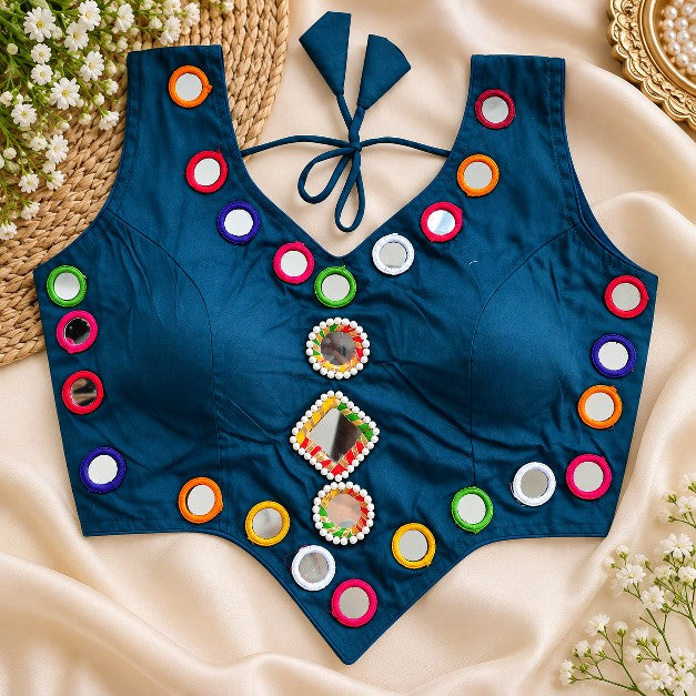 Navy blue multicolor mirror work blouse with colourful round mirrors, pearl detailing and adjustable back dori