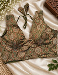 Olive green and rust Ajrakh printed soft cotton saree blouse with traditional ethnic motifs, 10 inch sleeves and latkan