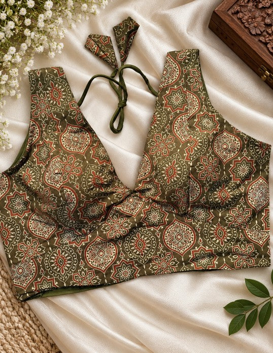 Olive green and rust Ajrakh printed soft cotton saree blouse with traditional ethnic motifs, 10 inch sleeves and latkan
