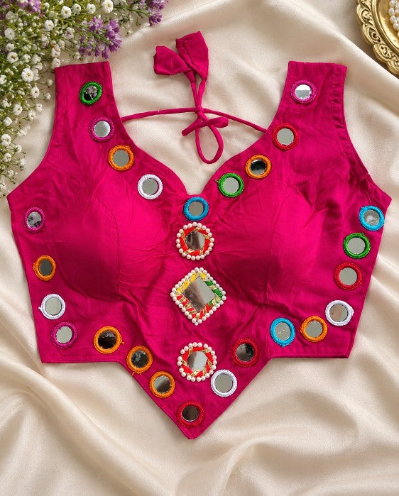 Pink multicolor mirror work saree blouse with real mirrors, colourful thread work, open back dori and latkan