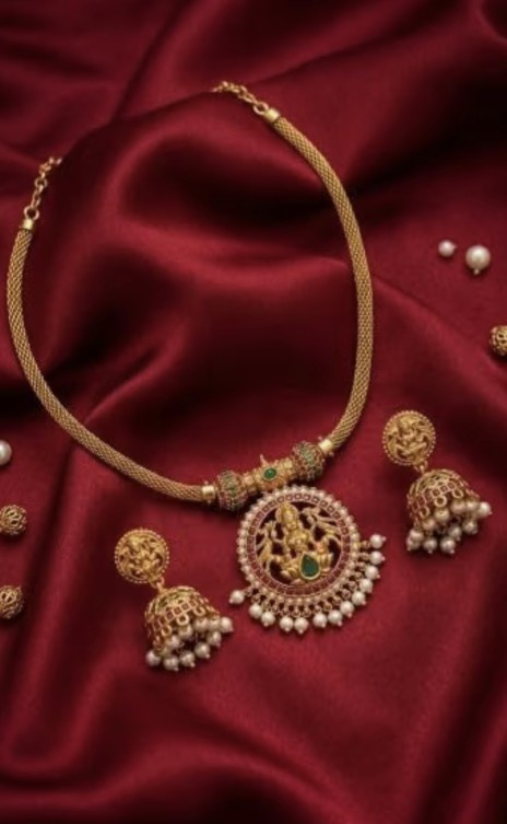 Premium Lakshmi brass gold plated necklace with AD and ruby stones, matching jhumka earrings and traditional South Indian jewellery design for women