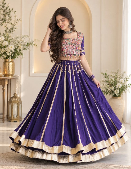 Purple double flared designer lehenga with golden lace and 5 meter flare