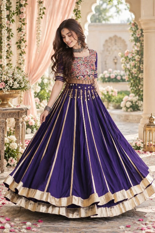 Royal purple designer lehenga choli with golden lace work and embroidered blouse