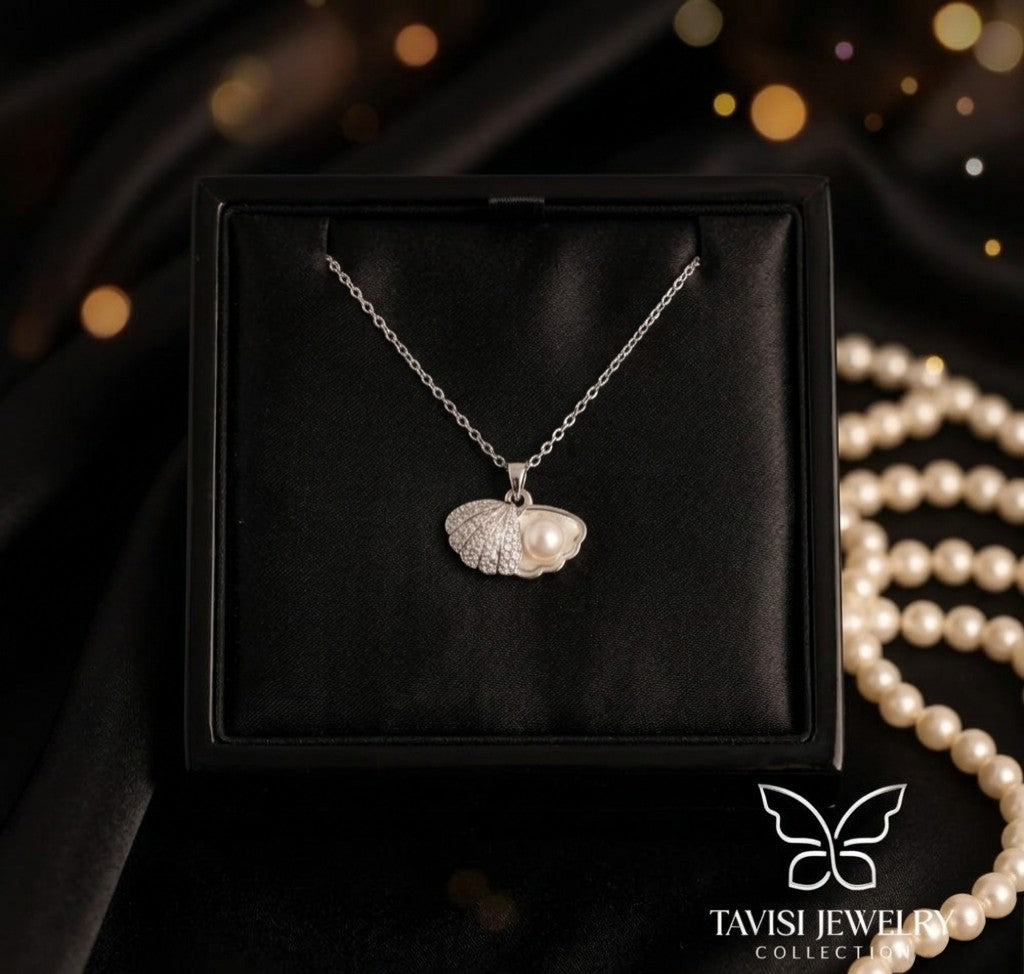 Silver Pearl Heart Pendant with CZ stone in white gift box - Tavisi Jewelry Collection