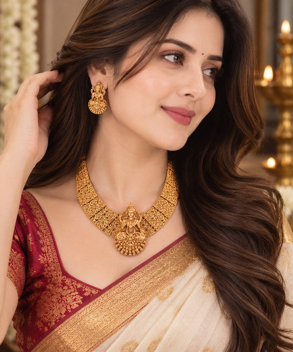 South Indian Lakshmi bridal necklace set with heavy temple jewellery design, gold plated finish and traditional Goddess Lakshmi pendant