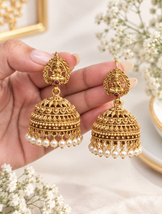 South Indian Lakshmi jhumka earrings with high gold plating, Goddess Lakshmi temple jewellery design and pearl bead drops