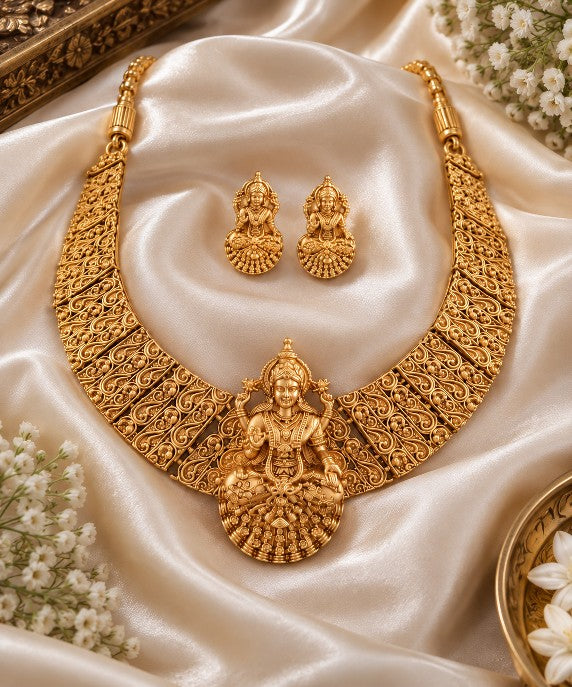 Heavy South Indian Lakshmi temple necklace set with gold plated finish, Goddess Lakshmi pendant and matching earrings