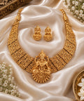 Heavy South Indian Lakshmi temple necklace set with gold plated finish, Goddess Lakshmi pendant and matching earrings