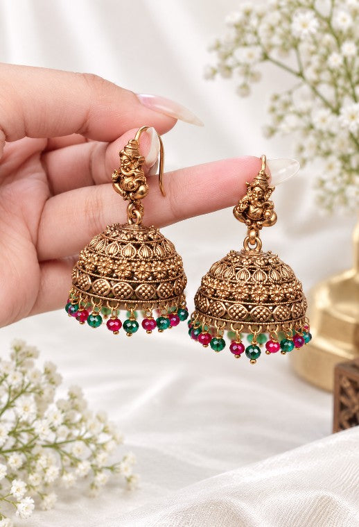 South Indian Vignesh hook jhumka earrings with traditional temple jewellery detailing, gold plated finish and multicolor bead embellishments