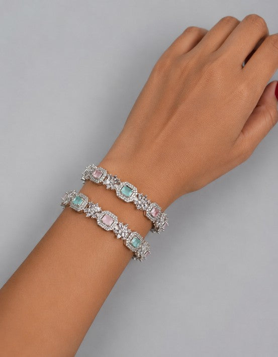 Tavisi Dream Petals CZ Silver Polish Bangle Set for Women - White CZ & Pastel Green Stones