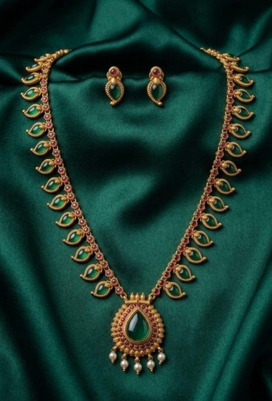 Mango Palakka long haram with green Palakka stones and ruby stone detailing, traditional brass South Indian necklace for women