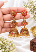 Tirupati Venkateswara inspired gold tone jhumka with multicolour stones and white pearl drops