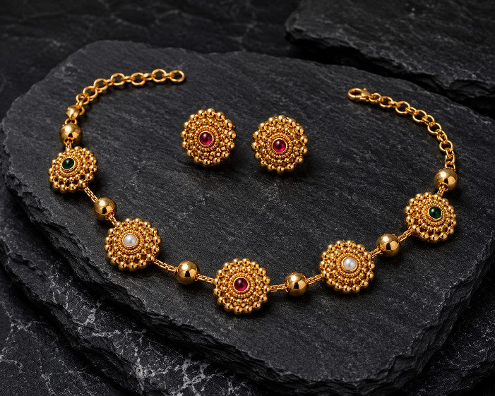 Traditional gold plated alloy choker set with green stones, multicolor detailing and matching earrings for women