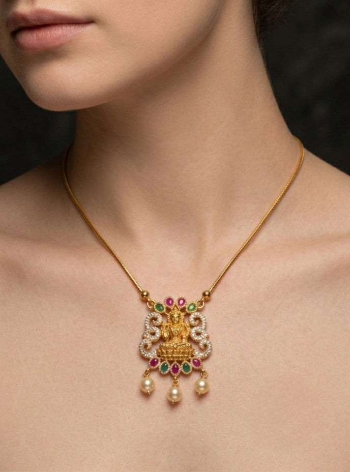 Traditional Lakshmi invisible chain necklace with Goddess Lakshmi pendant, multicolor stone work and pearl drops, alloy jewellery for women