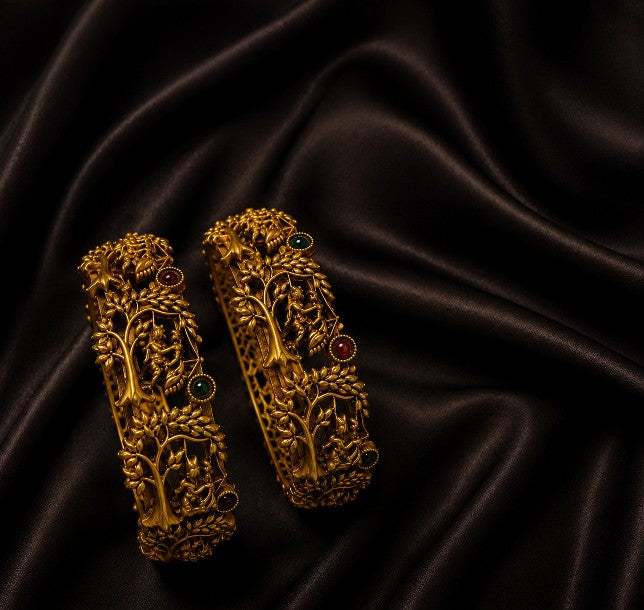 Tree design antique gold brass bangle with dark green and red enamel