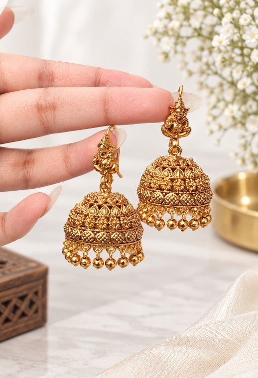 Vignesh temple jewellery hook jhumka earrings with intricate South Indian traditional design and gold plated finish