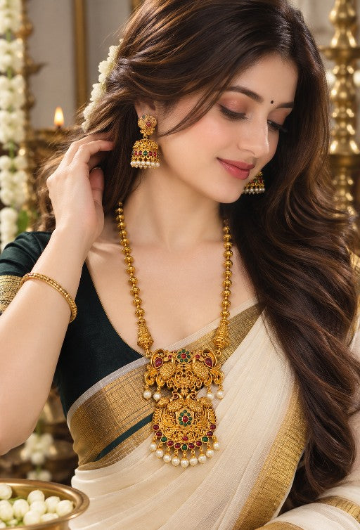 Antique high gold Haram and earrings with decorative red green stones and pearl drops