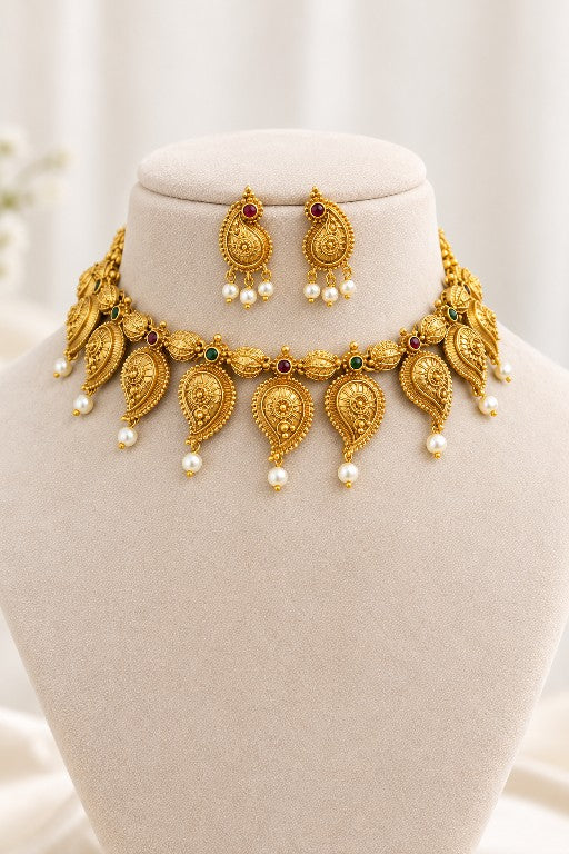 Aadhira antique high gold paisley mango necklace and earrings in premium brass