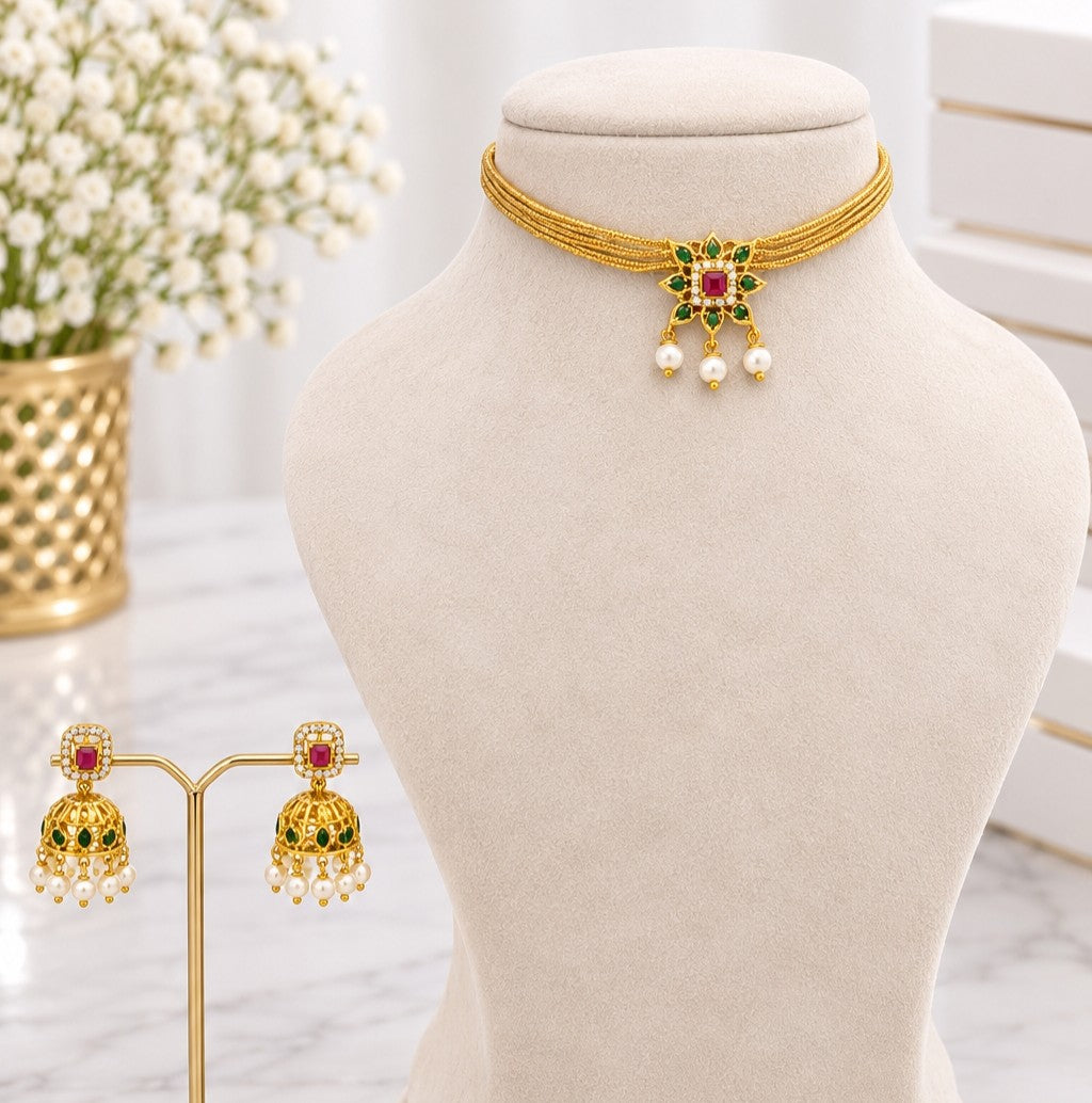 Aadhira Premium green and ruby AD choker necklace set with pearl jhumka earrings