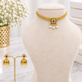 Aadhira Premium green and ruby AD choker necklace set with pearl jhumka earrings