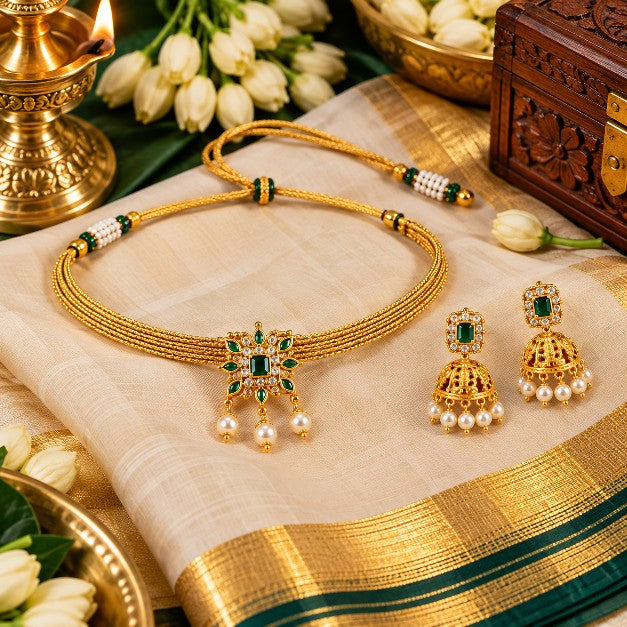 Aadhira Premium green and ruby choker necklace with matching jhumka earrings
