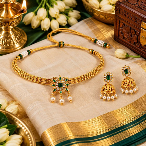 Aadhira Premium green and ruby choker necklace with matching jhumka earrings