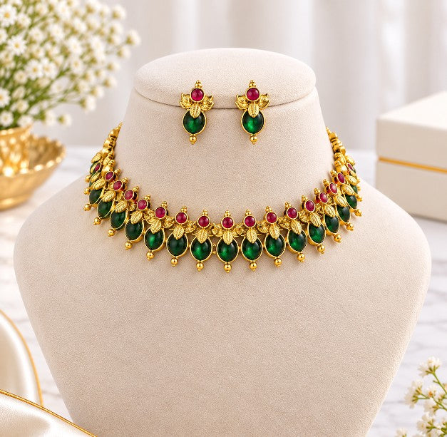 Aaradhya emerald ruby Palakka choker necklace set with pearl drops