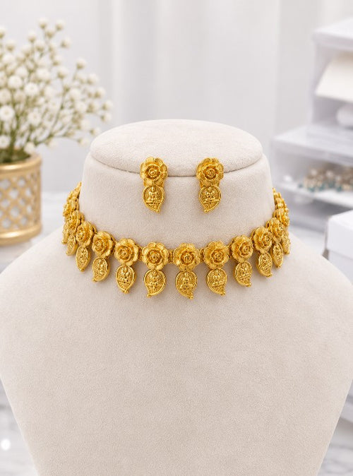 Aaradhya traditional floral coin necklace with Lakshmi-inspired motifs