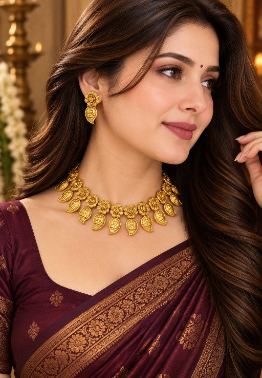 Woman wearing Aaradhya Lakshmi floral coin necklace set with earrings