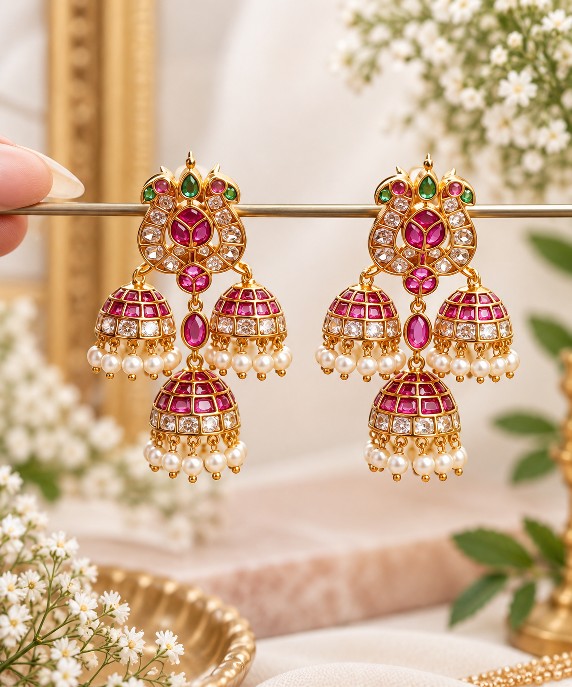 Aaradhya premium brass Kemp pearl jhumka earrings with pink green stones and triple dome design
