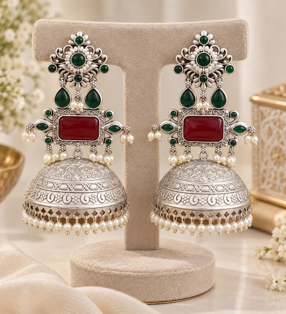 Aaradhya Premium North Indian silver tone brass temple jhumka earrings