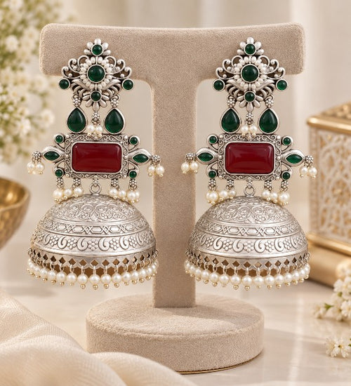 Aaradhya Premium North Indian silver tone brass temple jhumka earrings