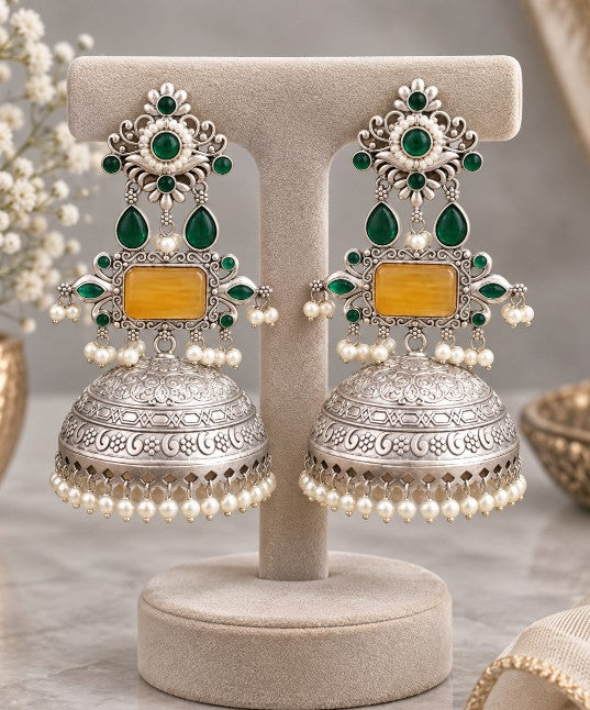 Aaradhya premium North Indian silver tone jhumka earrings front view