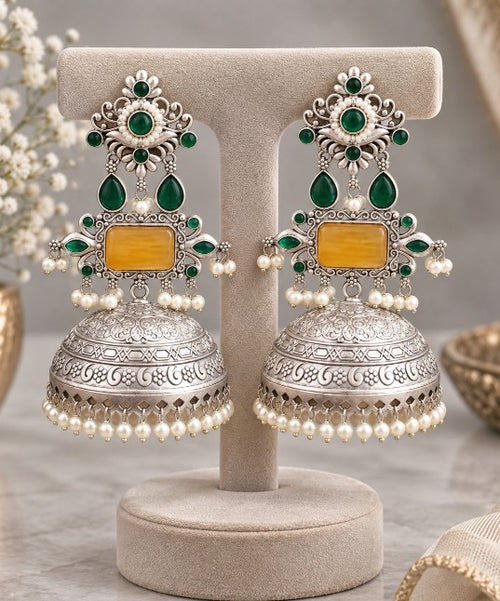Aaradhya premium North Indian silver tone jhumka earrings front view