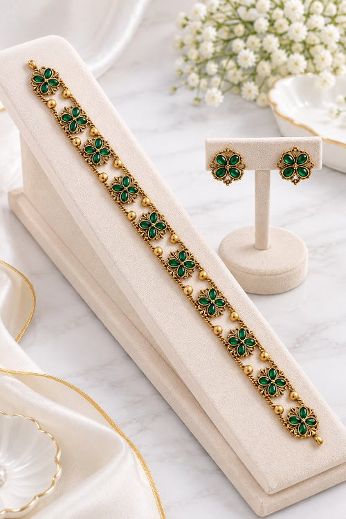 Aarini green floral AD choker necklace set with matching earrings