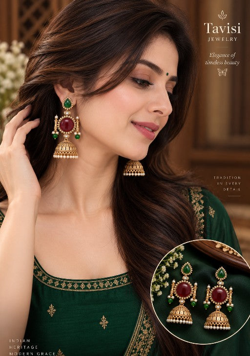 Aarini green and ruby jhumka earrings with AD stones and white pearl detailing