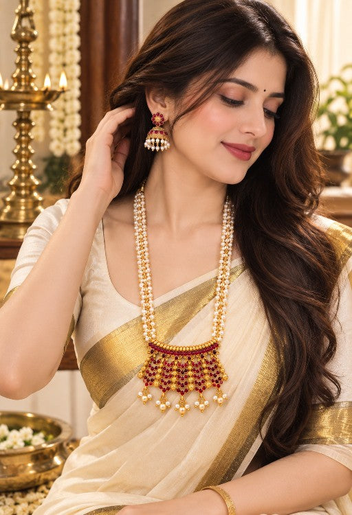 Premium Mehendi Gold pendant necklace and pearl jhumka earrings traditional jewelry set