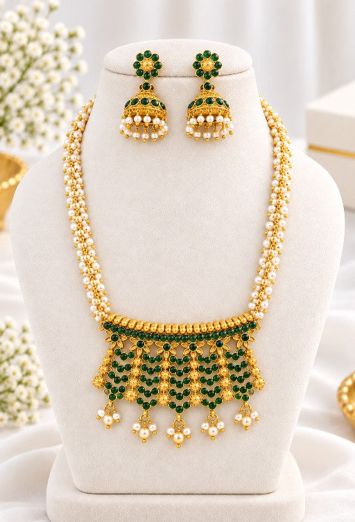 Aarini Mehendi Gold pearl pendant necklace set with matching jhumka earrings