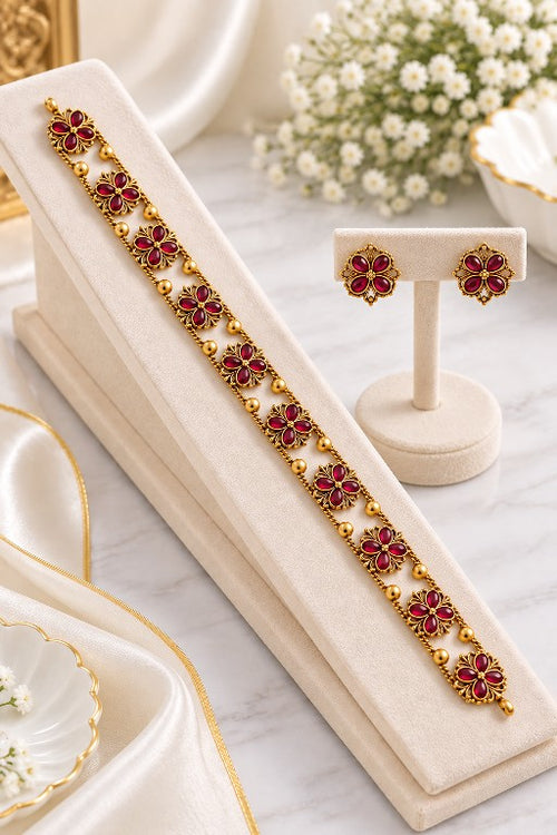 Aarini ruby floral choker necklace set with matching earrings