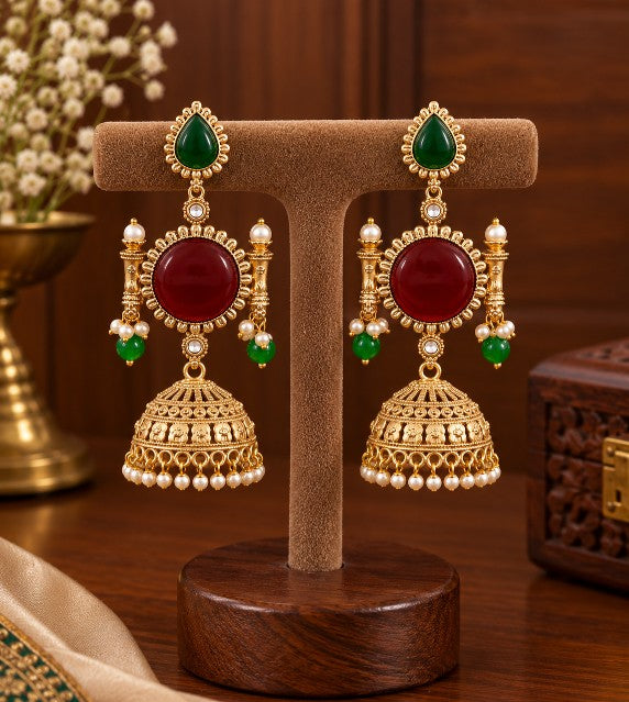 Aarini Premium ruby green heritage jhumka earrings with pearl detailing