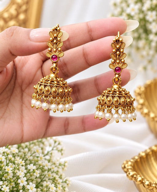 Anvika premium brass pearl jhumka earrings with red stone and traditional hook design