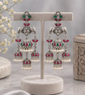 Avyara Premium elephant motif AD jhumka dangler earrings with green and ruby stones