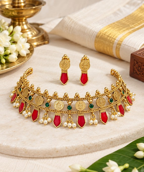 Ruby Palakka coin layer choker necklace set in antique gold finish with pearl drops