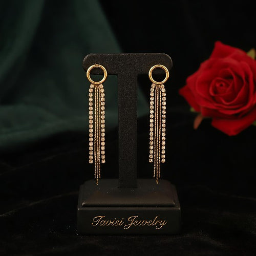 Tavisi circle rhinestone tassel hanging earrings in stainless steel with 22k gold anti tarnish finish and cz stones for women