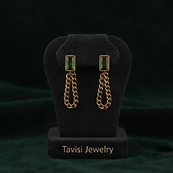 Tavisi CZ chain drop earrings with cubic zirconia stones and 22k gold plated anti tarnish stainless steel finish for women