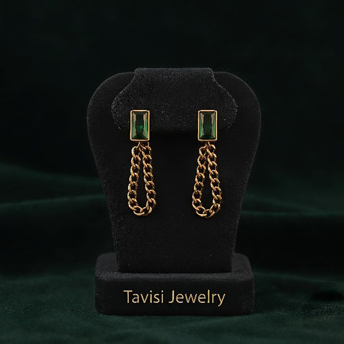 Tavisi CZ chain drop earrings with cubic zirconia stones and 22k gold plated anti tarnish stainless steel finish for women