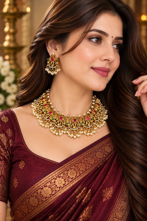 Devika traditional elephant necklace set with AD stones and pearl-style detailing
