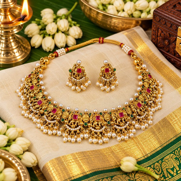 Devika elephant motif necklace with red green and AD stones